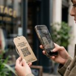 A woman scanning a QR code on a garment tag