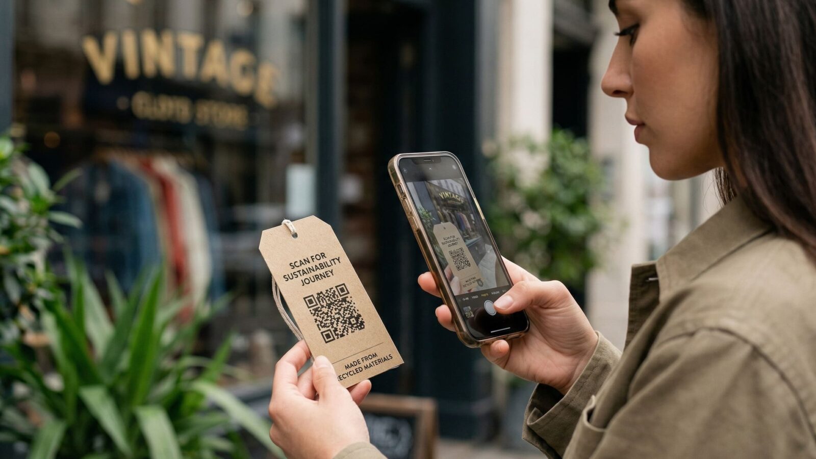 A woman scanning a QR code on a garment tag